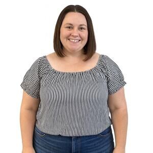 Excellent Active USA Blue White Striped Puff Sleeve Blouse Women’s Size Large